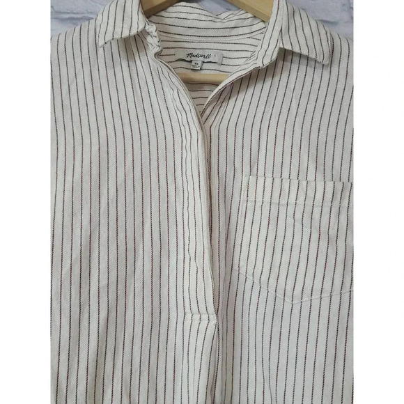 Madewell Flannel Grandpa Pullover Shirt Womens XS Cream Red Striped Button Back - Picture 3 of 7
